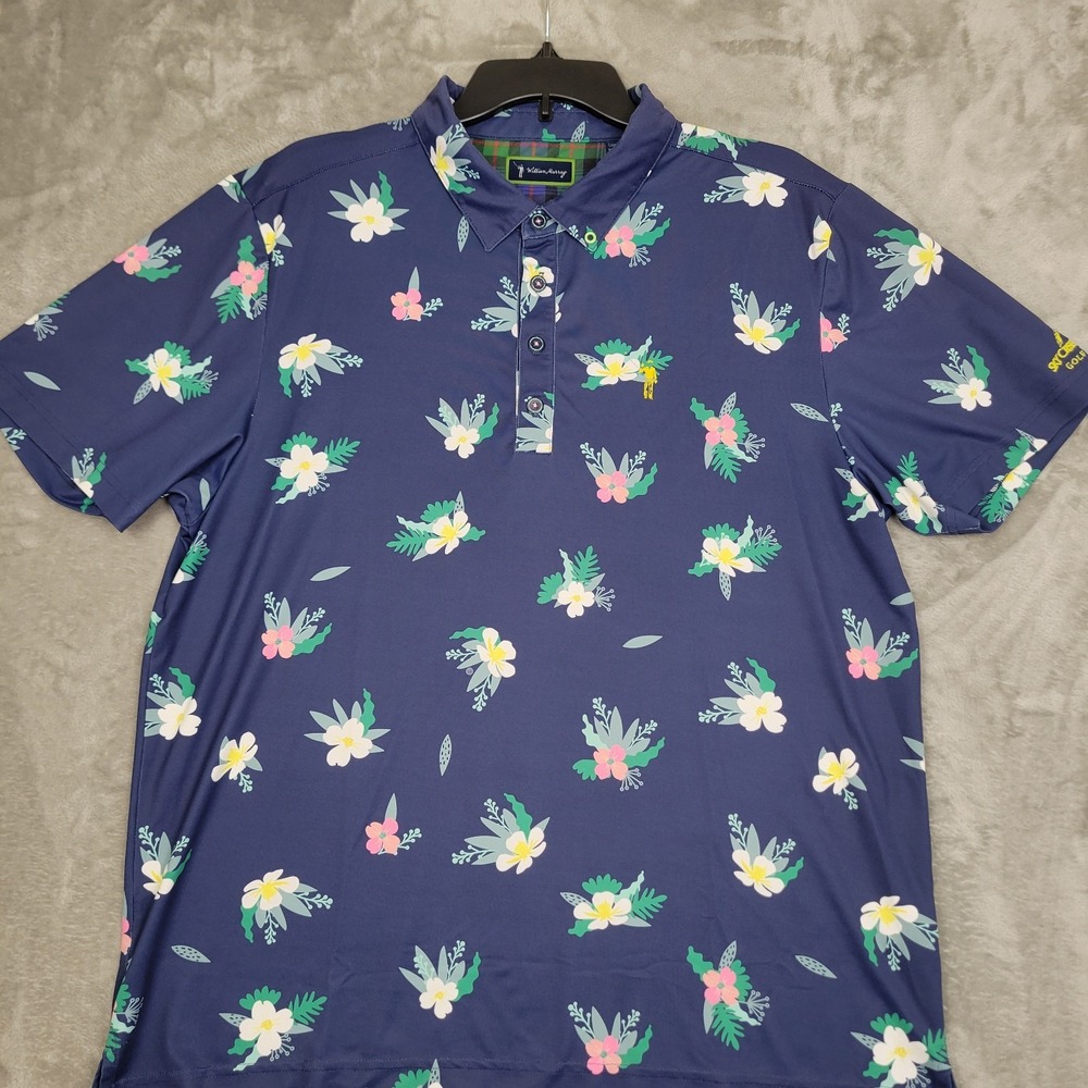 William Murray Men's L Golf Polo Shirt Blue Tropical Floral Print Performance